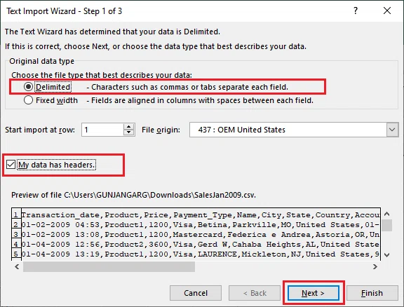 How to import the data from CSV file in Excel