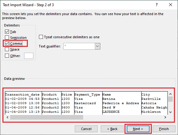 How to import the data from CSV file in Excel