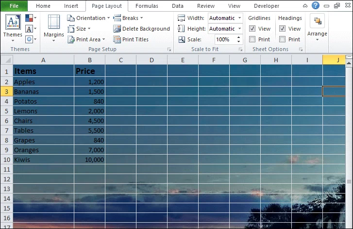 How to set background image in Excel