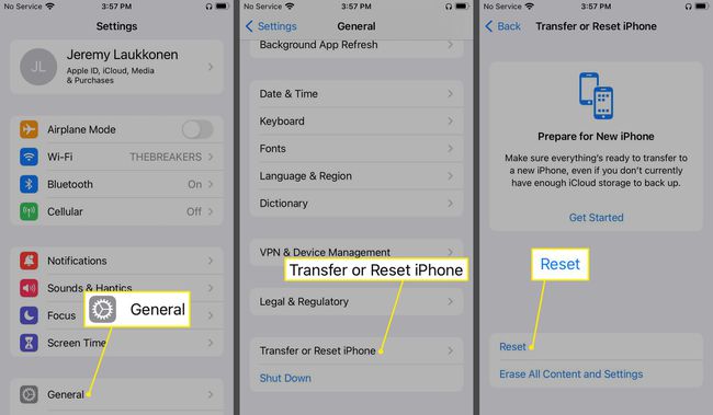 Général, Transfert de l'iPhone, et Réinitialisation mis en évidence dans les Réglages de l'iPhone