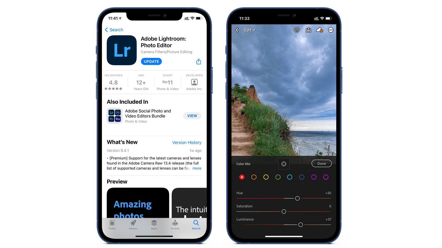 Écrans d'iPhone montrant Adobe Lightroom Photo Editor dans App store