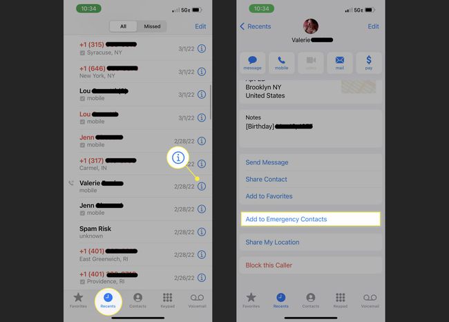 Ajout d'un contact d'urgence depuis l'application Téléphone sur un iPhone.