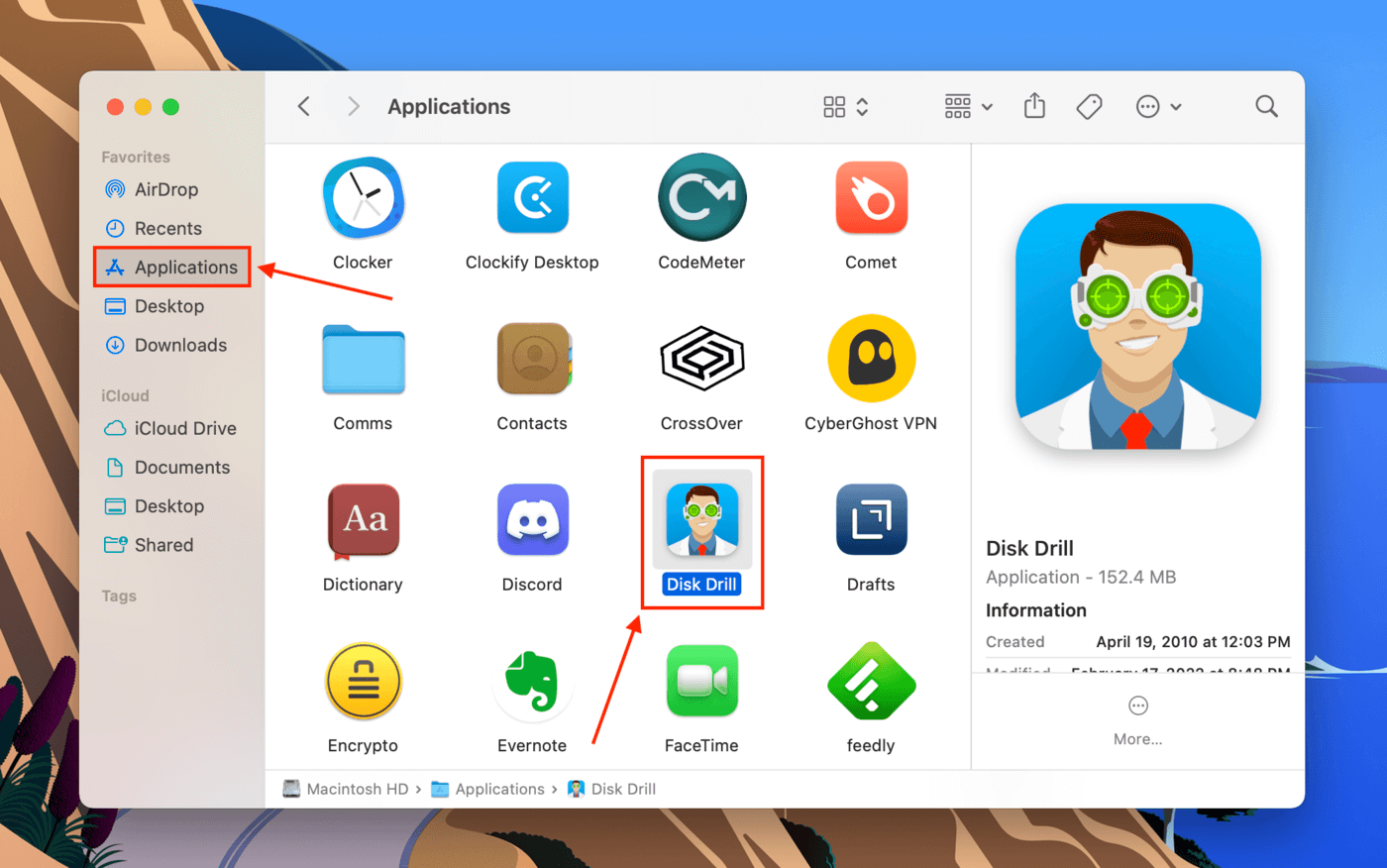 L'application Disk Drill dans le dossier Applications du Finder