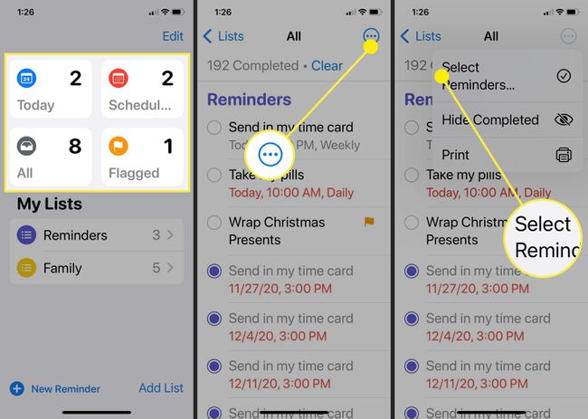 Captures d'écran montrant comment sélectionner les rappels dans l'application iOS Reminders.