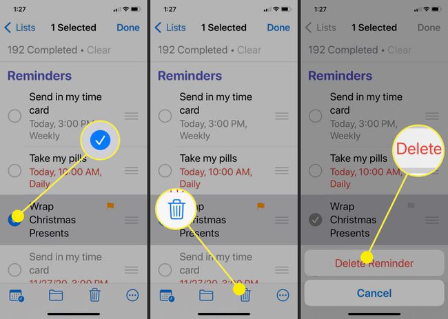 Captures d'écran montrant comment supprimer les rappels dans l'application Rappels de l'iPhone.