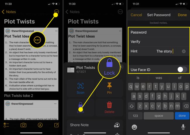 Captures d'écran montrant comment verrouiller les notes sur un iPhone.