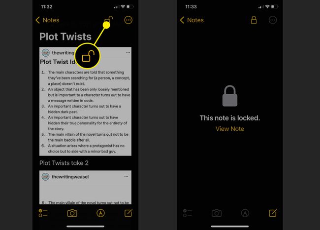 Captures d'écran montrant comment verrouiller les notes sur un iPhone.
