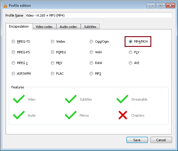  Dans Encapsulation sélectionnez MP4/MOV 