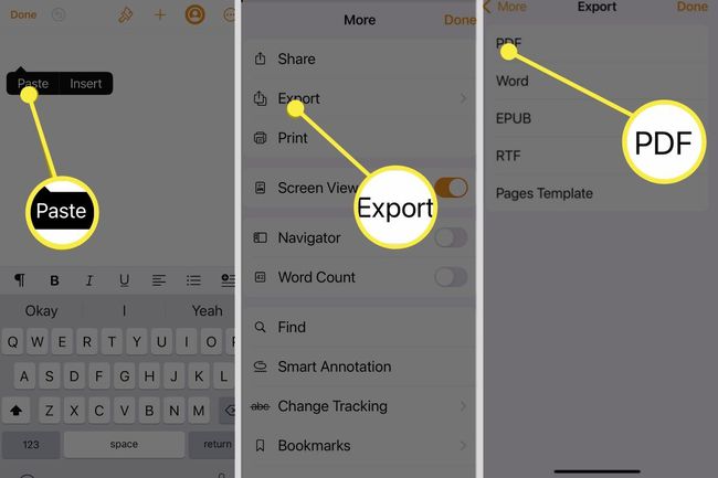 Paste &gt ; Export &gt ; PDF Screenshots illustrant comment exporter un document dans iOS.