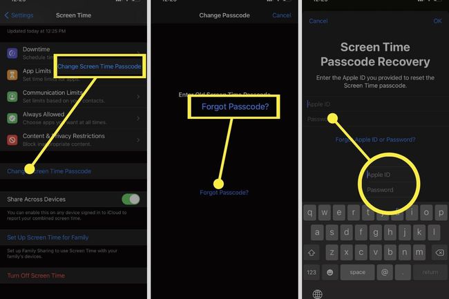 Changement du code d'accès à l'écran > Code d'accès oublié > Récupération du code d'accès dans les réglages de l'iPhone