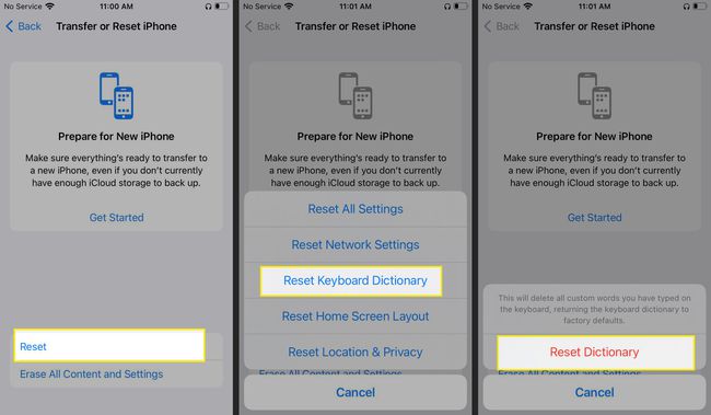 Les paramètres de réinitialisation de l'iPhone avec Reset, Reset Keyboard Dictionary, et Reset Dictionary mis en évidence