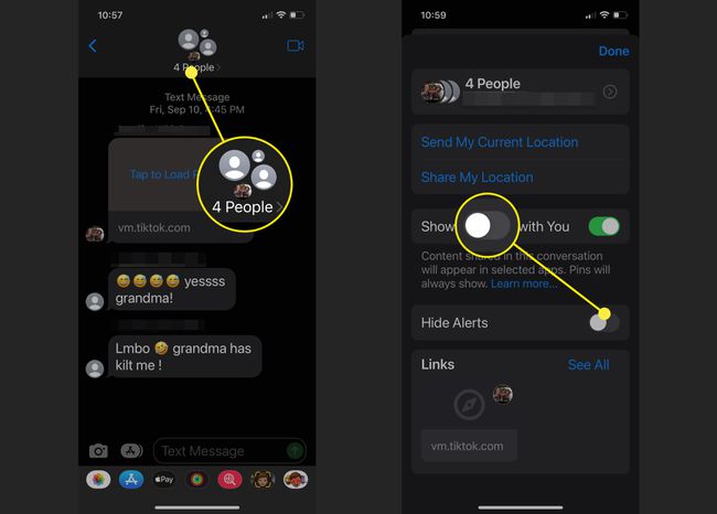 Les captures d'écran montrent comment masquer les alertes d'un message texte de groupe.