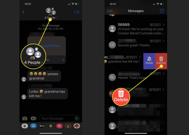 Captures d'écran montrant comment supprimer un message de groupe sur iPhone.