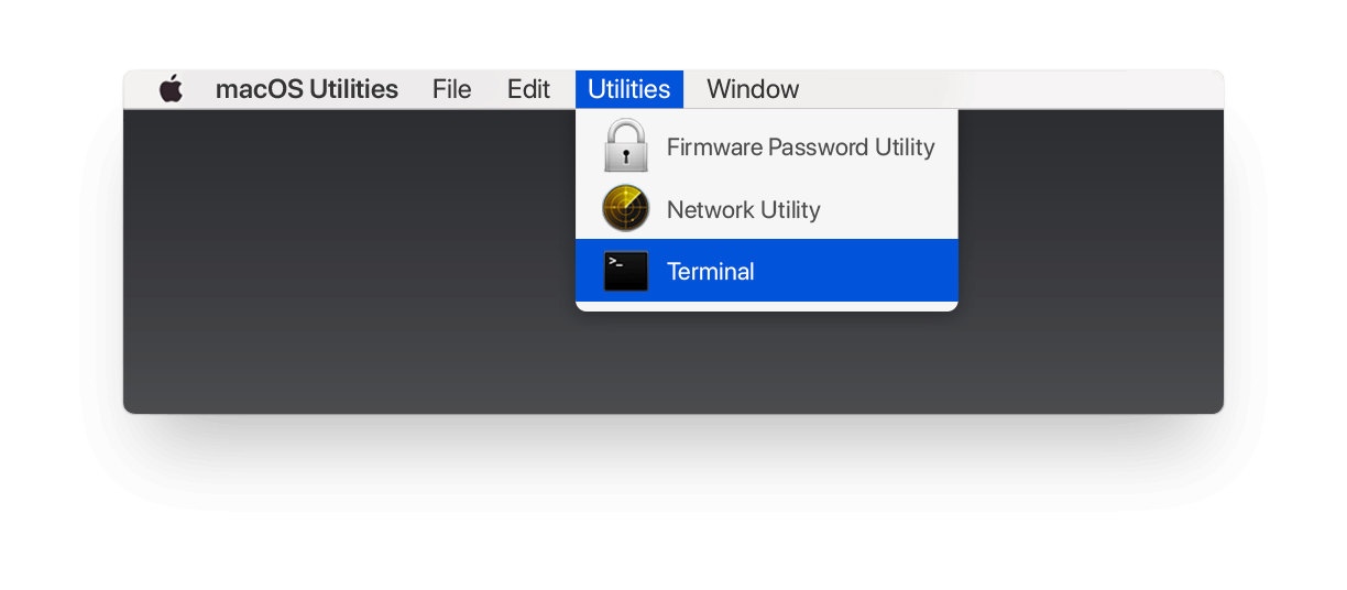Choisir l'option Terminal dans la barre de menu Utilitaires de macOS