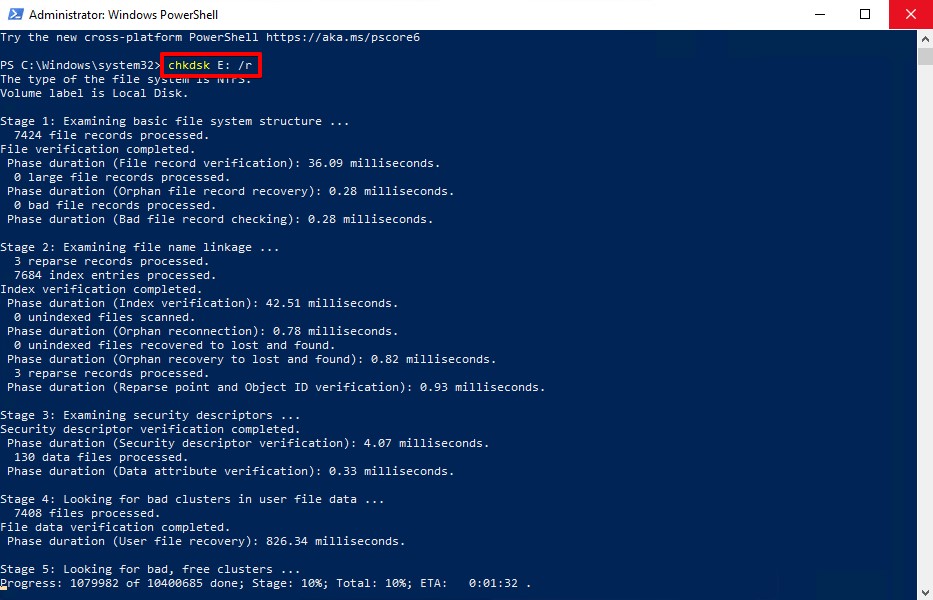 Exécution de CheckDisk dans PowerShell.