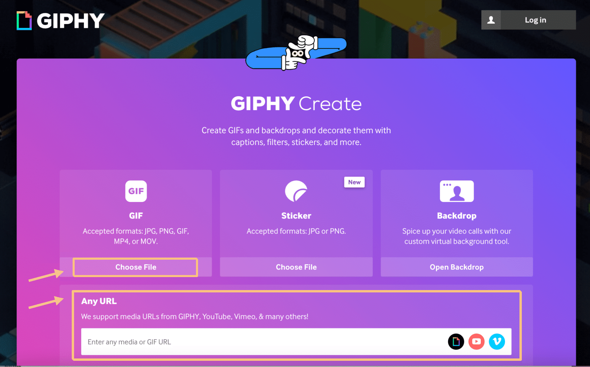 The highlighted Choose File button in the Giphy service