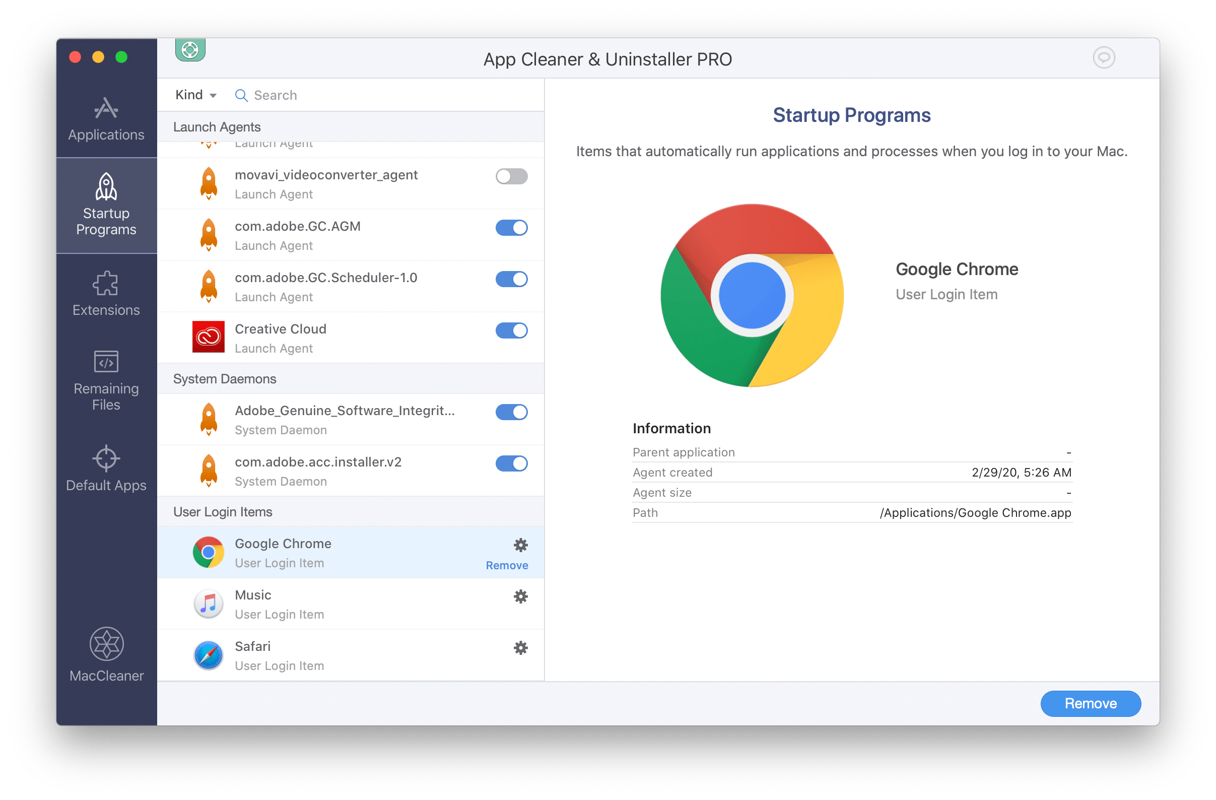 App Cleaner &#038 ; Uninstaller - onglet programmes de démarrage - désactiver les éléments de connexion de chrome