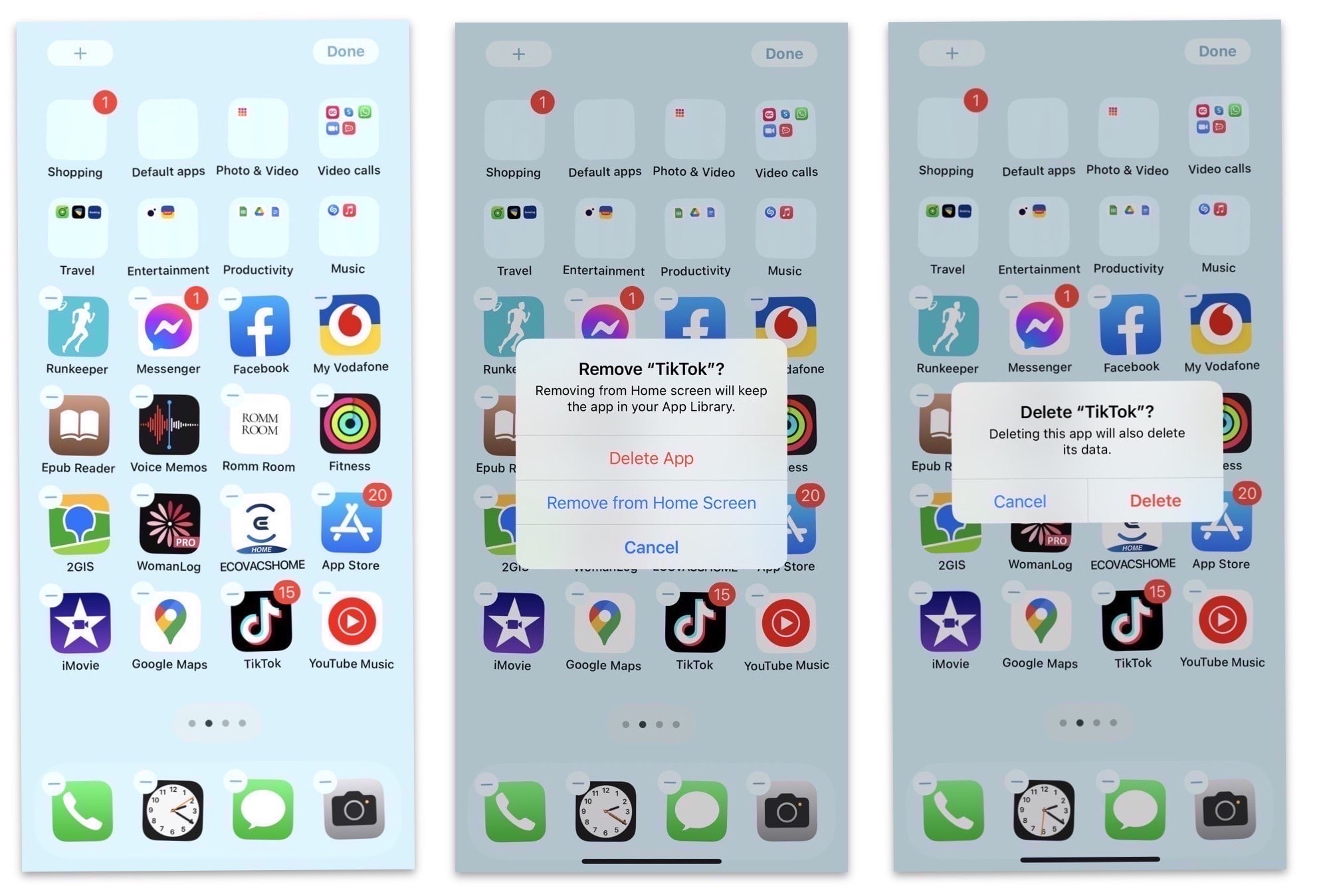 Écrans d'iPhone montrant comment supprimer des apps