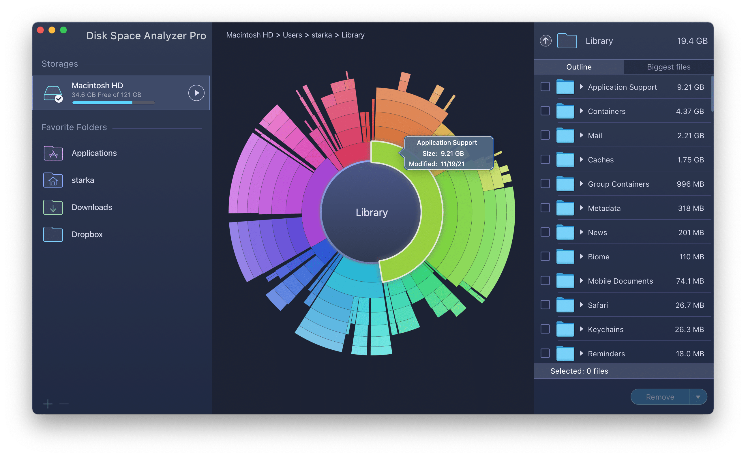 La fenêtre de l'analyseur d'espace disque montrant le volume des fichiers de support des applications