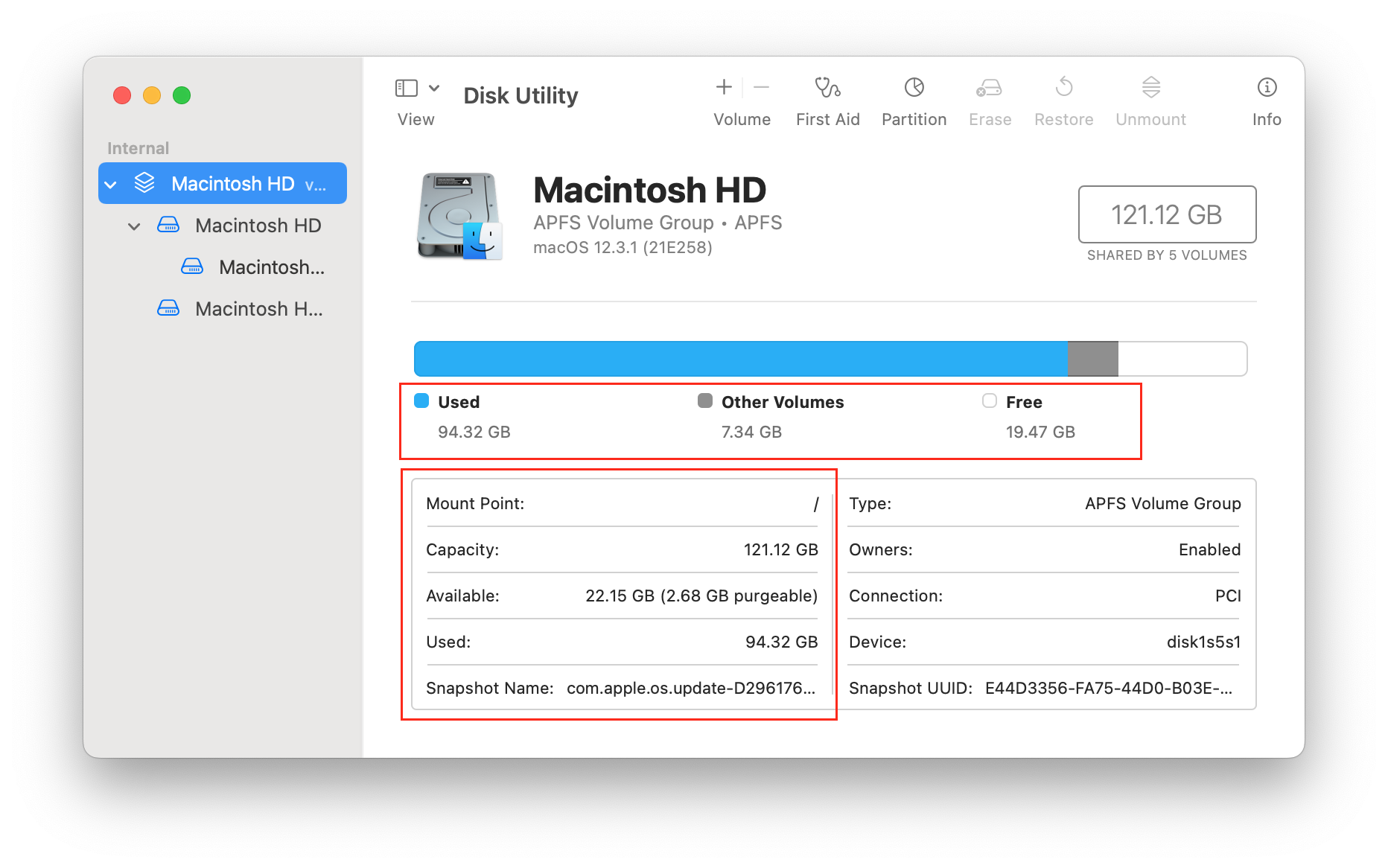 Section du disque dur du Macintosh dans Disk Utility