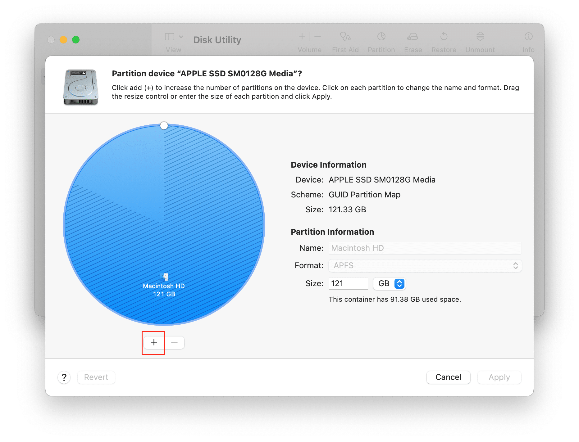 Utilitaire de disque montrant l'option Partition