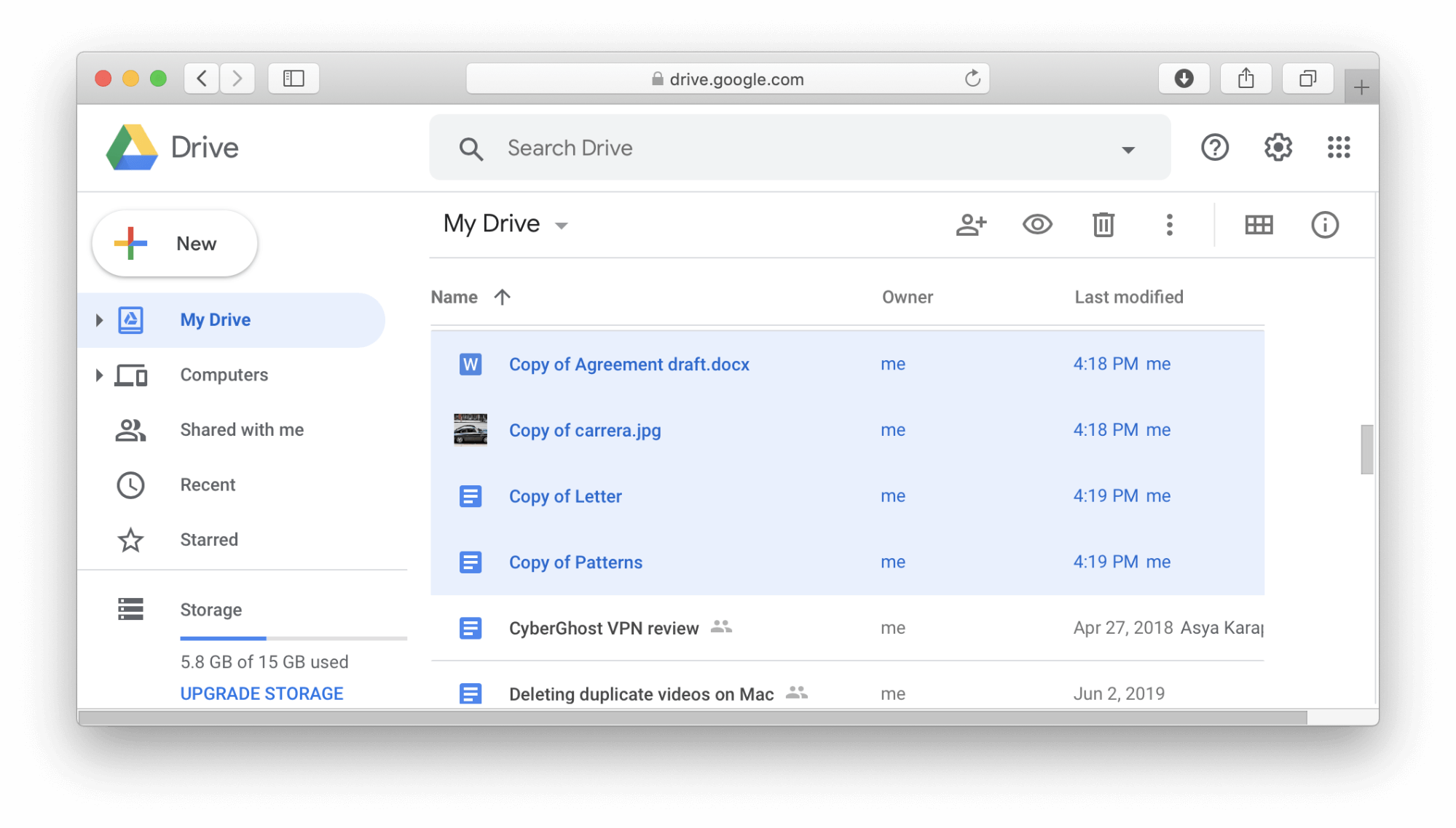 Section Mon disque dans Google Drive