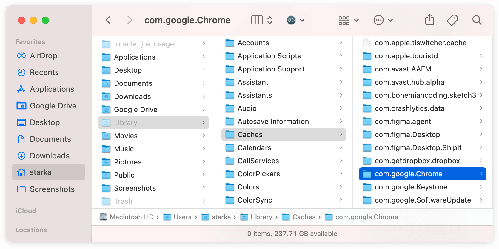 Finder montrant le dossier Caches dans la bibliothèque