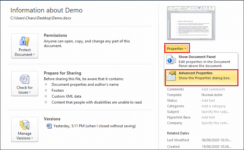 Comment ajouter des propriétés de document dans un Word