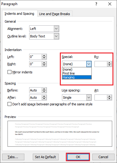 Comment créer un retrait négatif dans Word