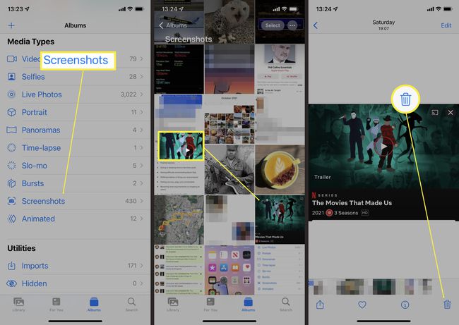 Étapes requises sur iOS pour trouver une capture d'écran dans Photos et la supprimer.