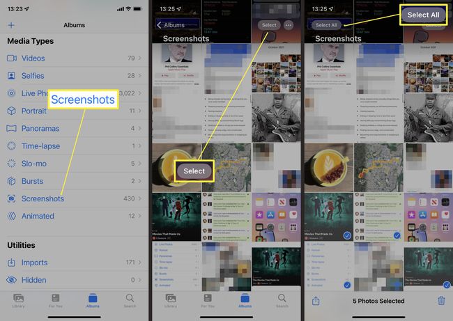 Étapes nécessaires dans Photos sur iOS pour supprimer plusieurs captures d'écran ou les sélectionner toutes.