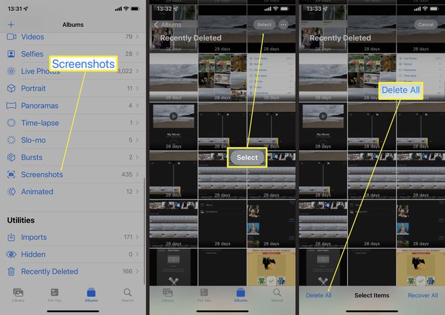 Étapes à suivre dans l'application iOS Photos pour supprimer toutes les photos et captures d'écran récemment effacées.