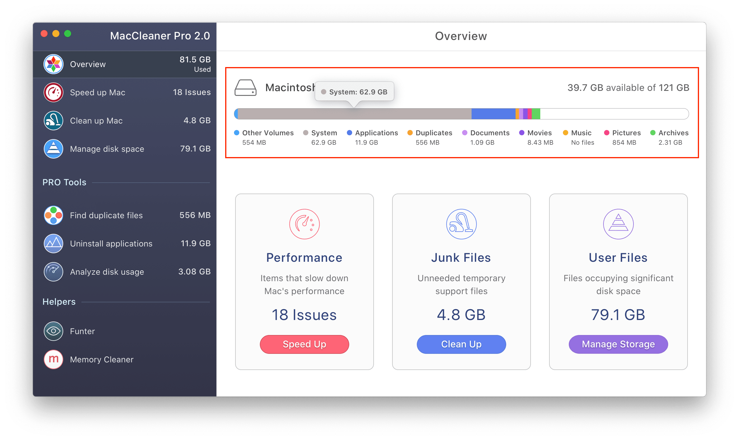 La fenêtre de MacCleaner avec le panneau d'utilisation du disque en surbrillance