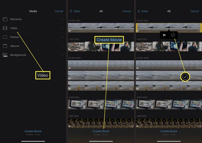 Étapes à suivre pour sélectionner un film dans iMovie sur iOS.