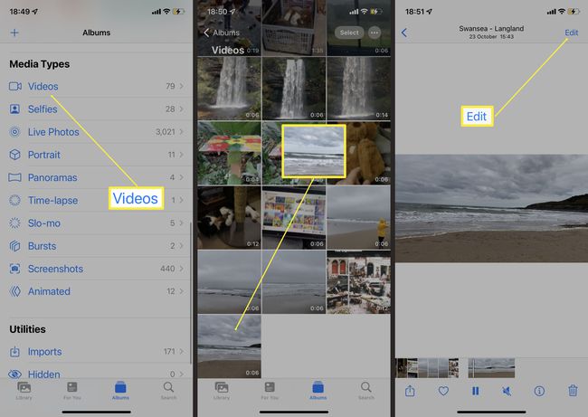 Étapes requises dans Photos sur iOS pour modifier une vidéo.