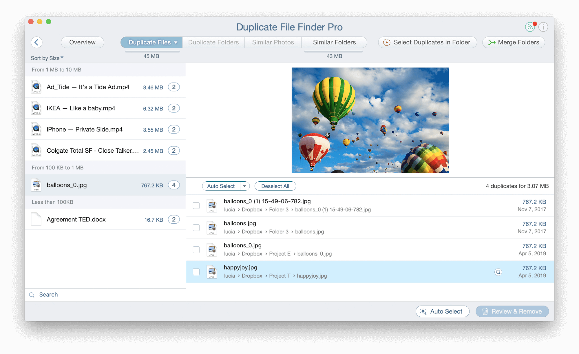 Section des fichiers en double dans Duplicate File Finder