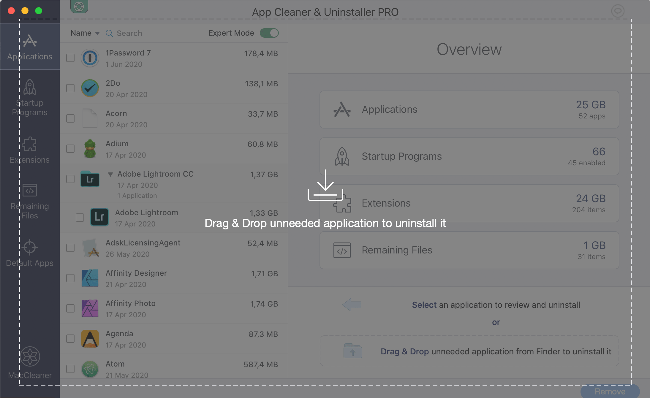 App Cleaner &#038 ; Uninstaller showing Drag &#038 ; Drop applications to uninstall option