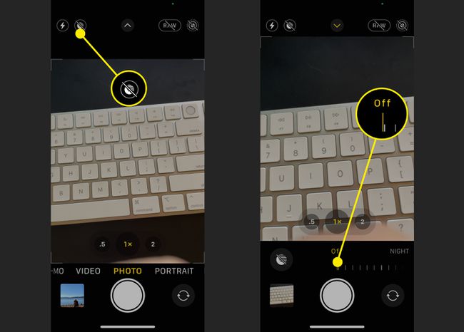 Captures d'écran qui illustrent comment désactiver le mode nuit sur l'application Appareil photo iOS.