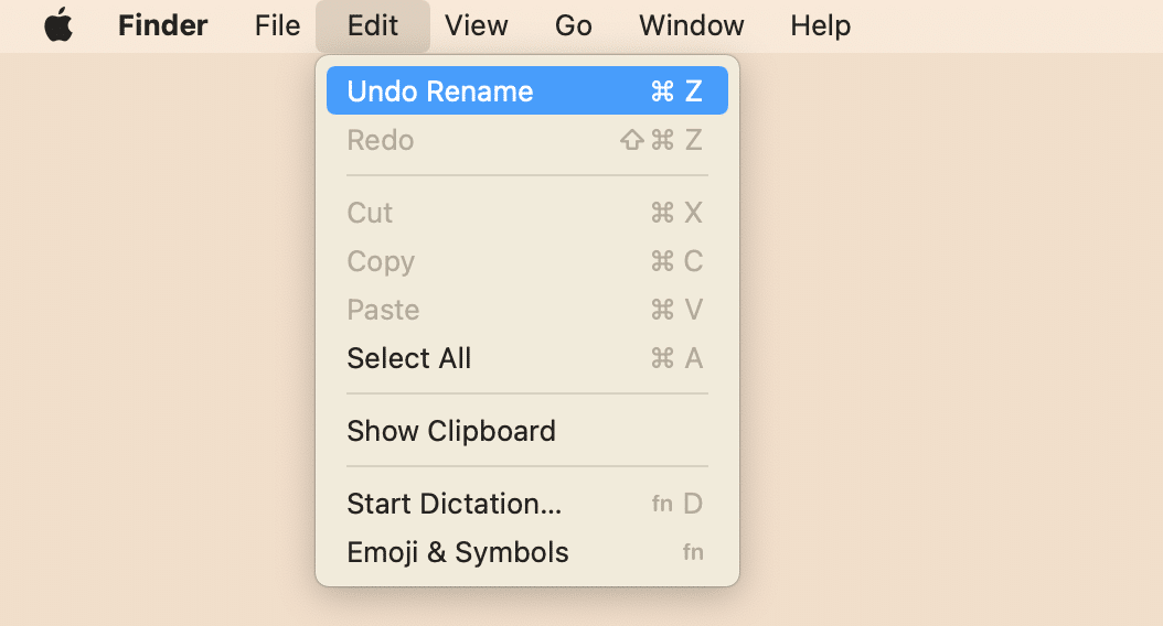 Menu Finder montrant l'option Annuler Renommer
