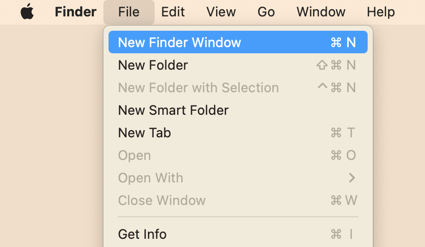 Le menu Finder montrant comment ouvrir une nouvelle fenêtre