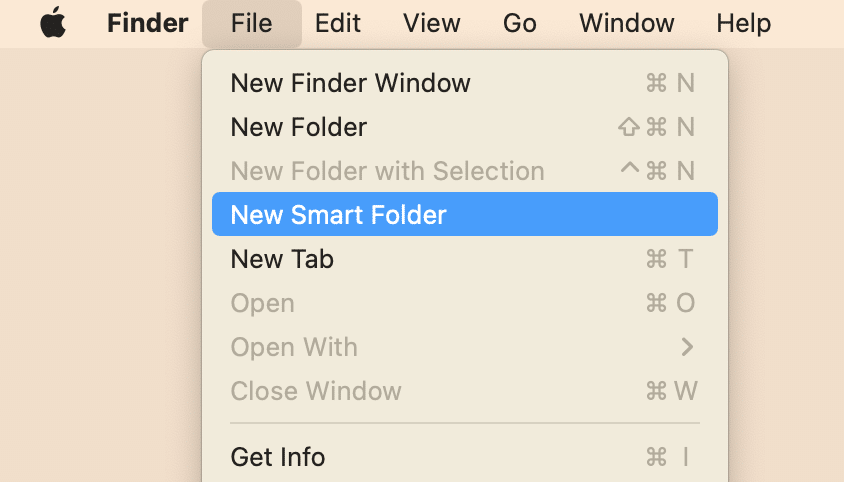 menu Finder montrant comment ouvrir un nouveau dossier intelligent