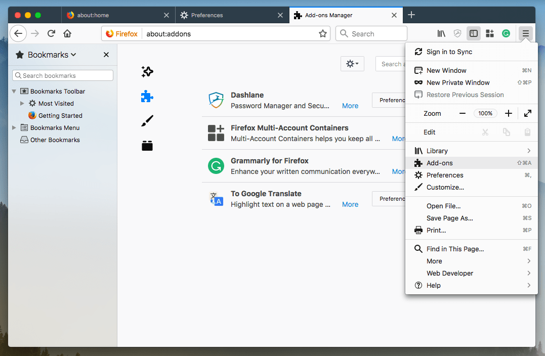 page du gestionnaire de modules complémentaires dans firefox