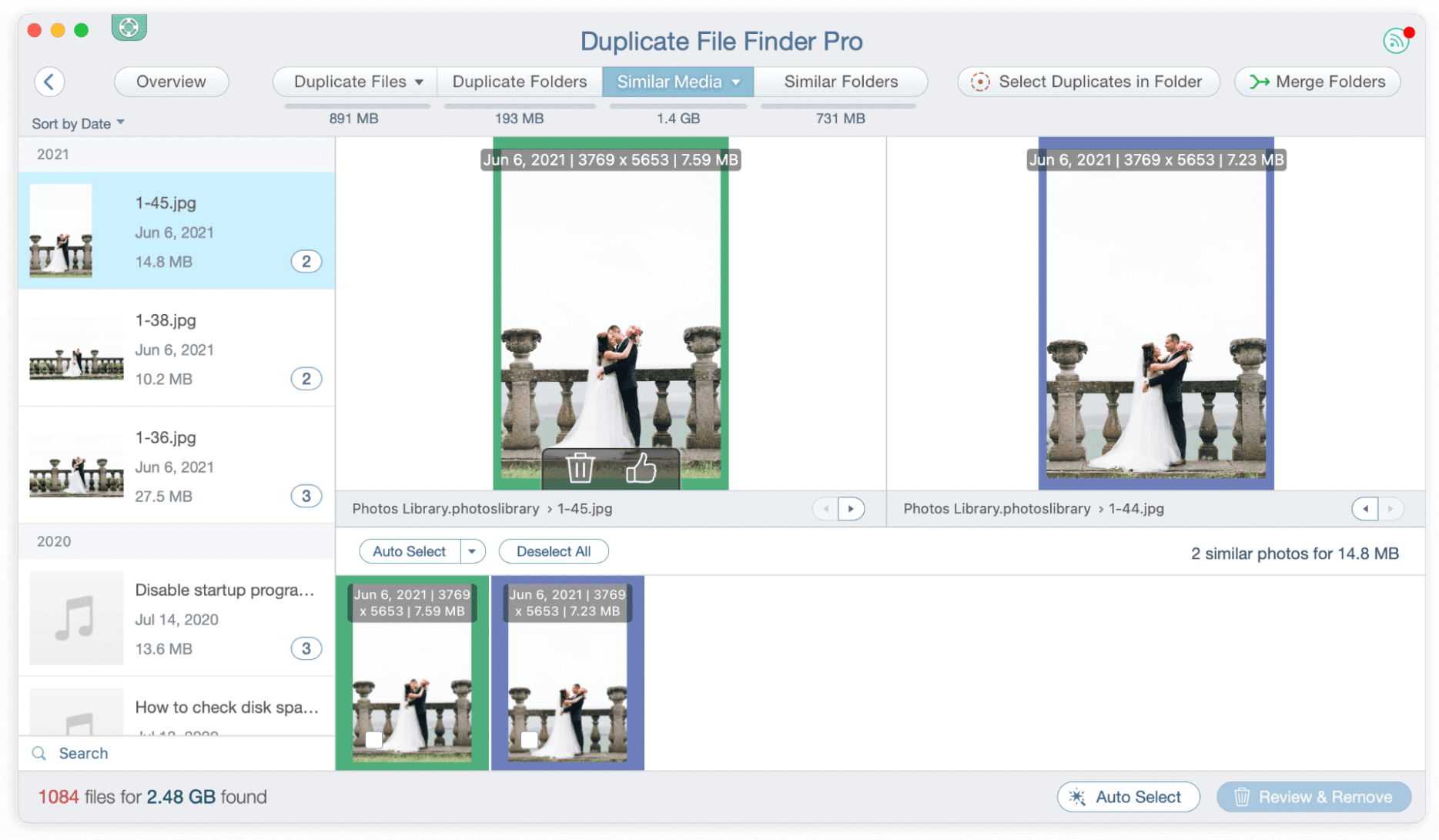 Section des médias similaires dans la fenêtre Duplicate File Finder