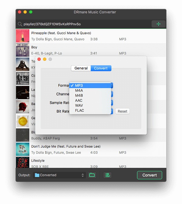 choisir le format de sortie comme mp3 pour spotify sur le lecteur mp3