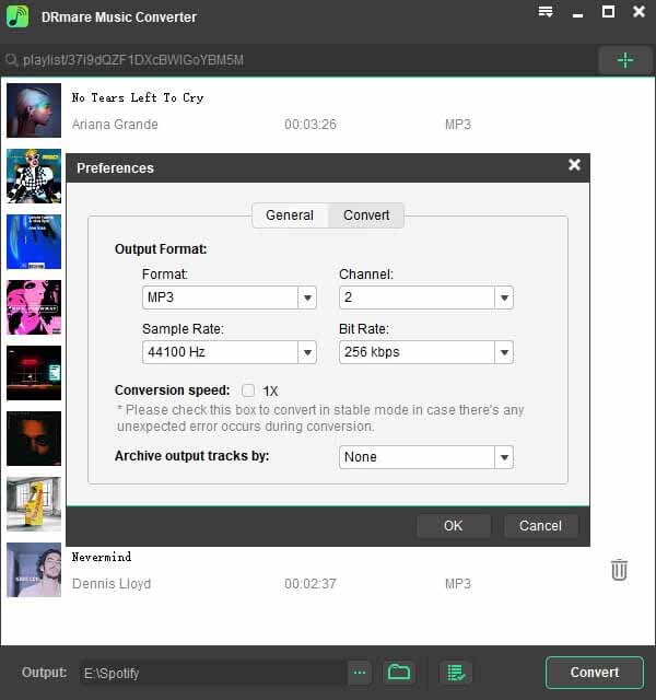 customize output settings for spotify songs