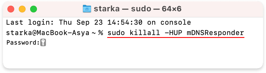 Fenêtre de terminal montrant la commande pour vider le cache DNS sur Mac