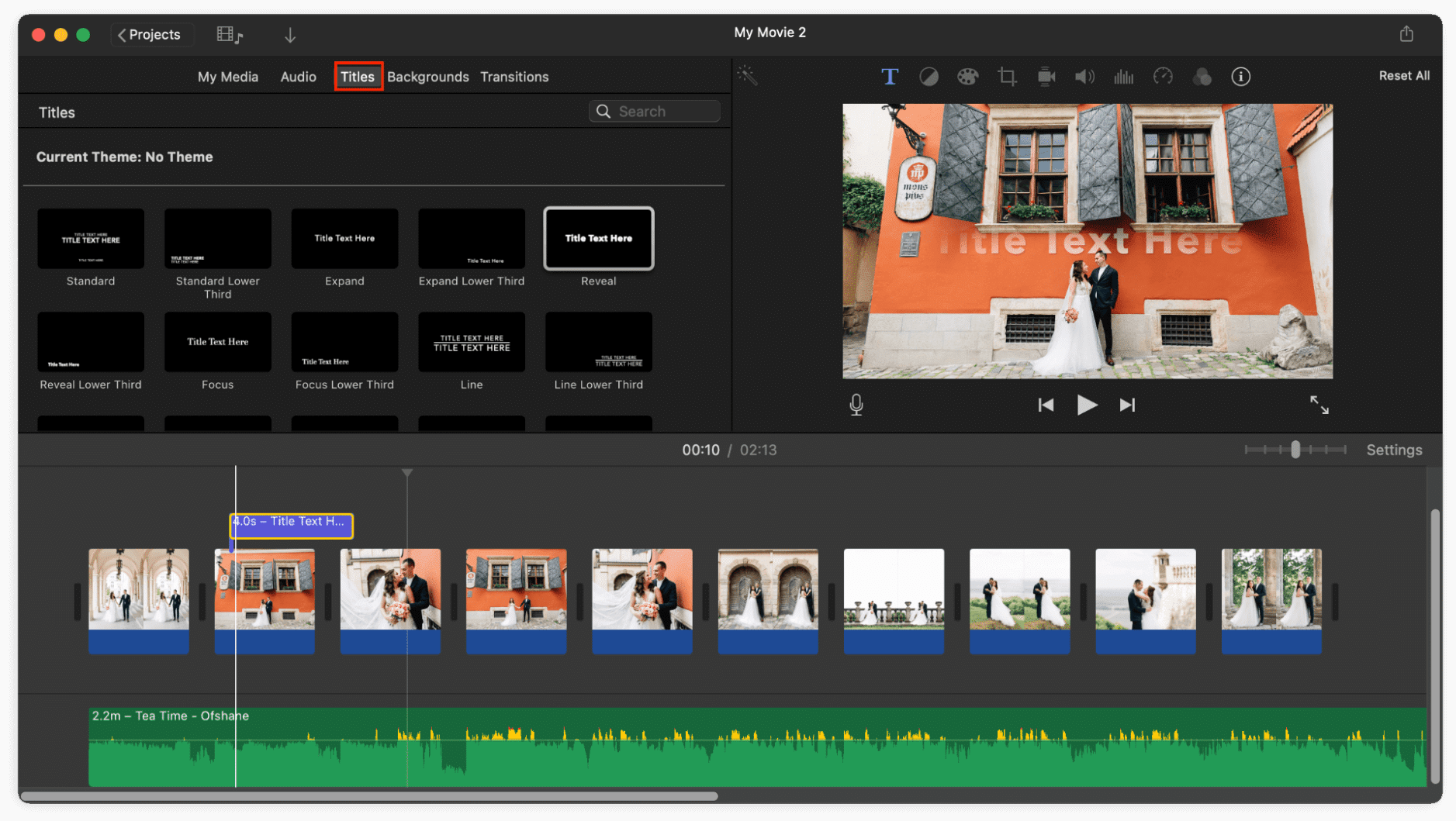 Section Titres affichée dans iMovie