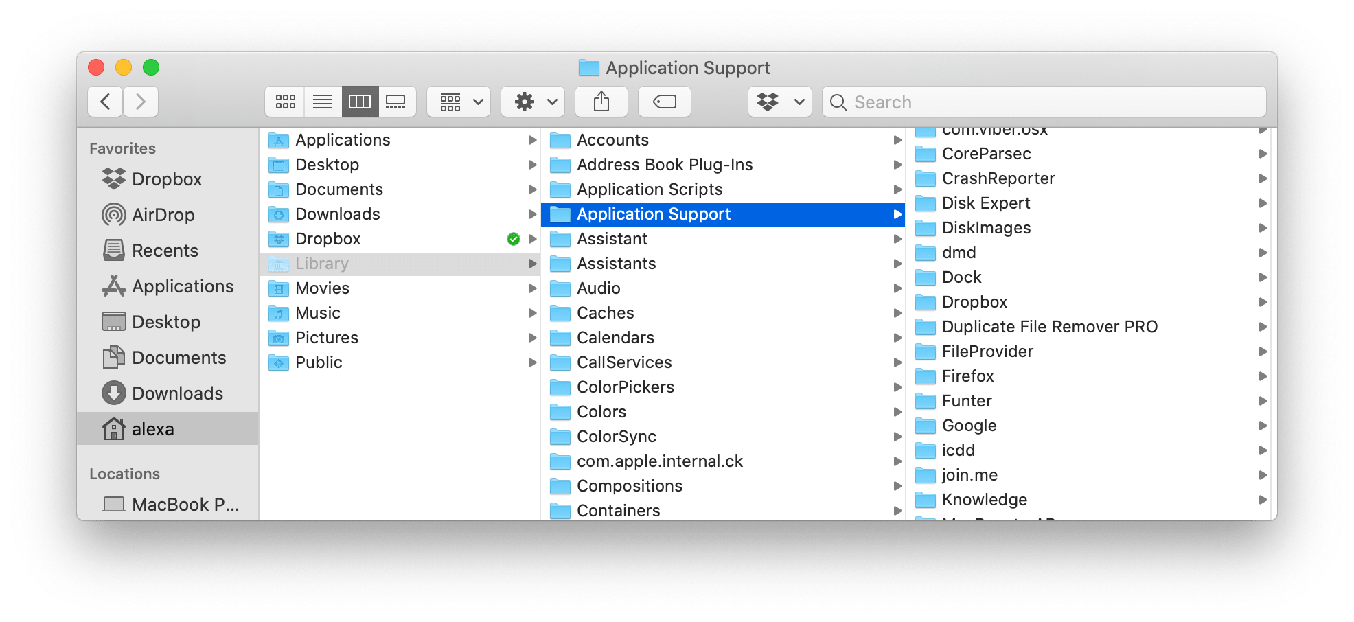 Contenu du dossier Application Support dans le Finder