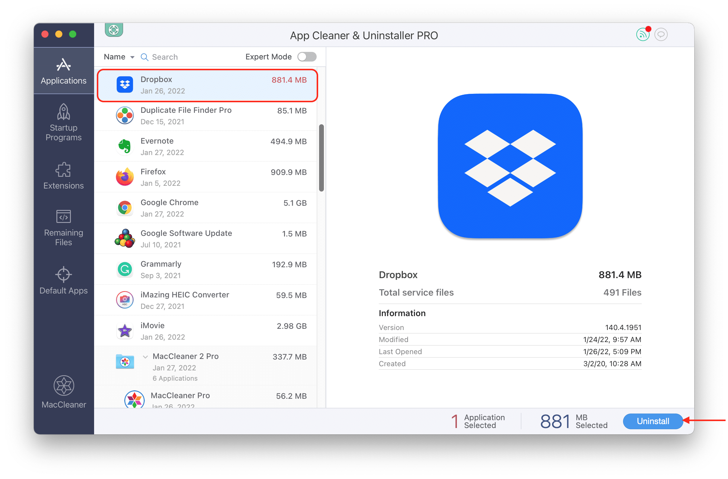 App Cleaner &amp ; Uninstaller montrant Dropbox