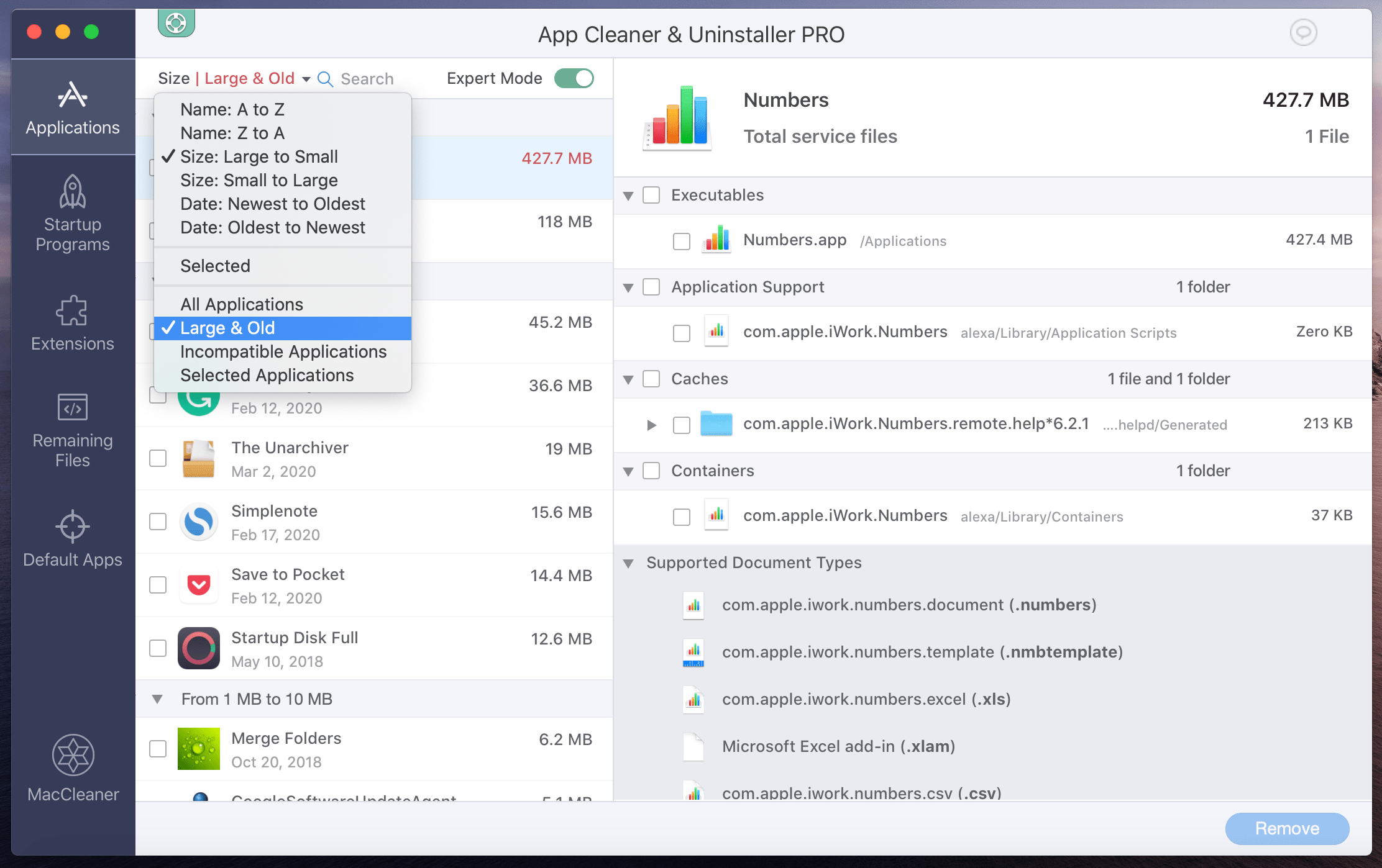 Choosing Large &#038 ; Ancien type de tri dans App Cleaner &#038 ; Uninstaller